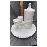Milk glass stacking bowls with lid and 2 goblets