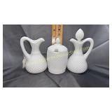 Milk glass English hobnail cruets and marmalade