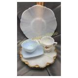 Opalescent plate, creamer, cup/saucer and divided