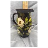 Brown stoneware pitcher hand painted dogwood