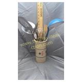 Patriotic crock with enamel ware ladle and other