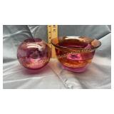 Signed art glass cranberry bowl and etched rose