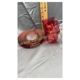 4 cranberry and clear cup and saucers