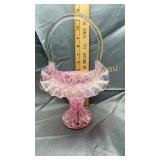 Pink swirl art glass ruffle basket