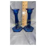 Blue art glass candle stands