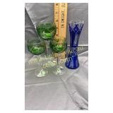 Bohemian cobalt to clear bid vase and 3 green