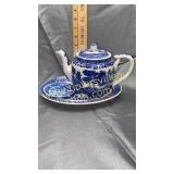 Blue willow teapot and platter