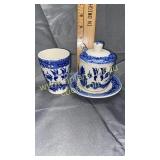 Blue willow cup and jelly jar