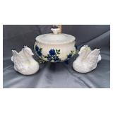 Footed bowl and 2 swans