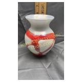 Iridescent art glass vase with red