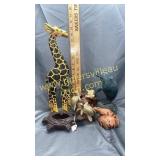 Wood carved giraffe, Turtles, frog and damaged