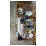 Two boxes of glassware oil lamp and more