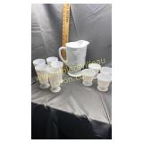 Milk glass grape pattern pitcher and glasses