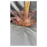 Pink depression cream and sugar with divided tray