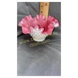 Fenton hobnail white and cranberry ruffle bowl