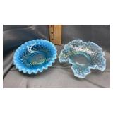 2 Fenton blue opalescent hobnail dishes