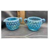Small Fenton blue opalescent hobnail cream and