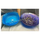 Blue satin hobnail bowl and carnival plate both