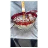 Cranberry and clear punchbowl set with 9 cups and