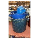 Blue enamel ware stockpots and kettle