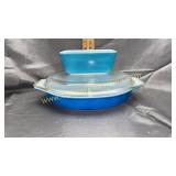 Blue Pyrex divided covered dish and small dish