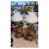 Pair of amber lamps with hobnail shades