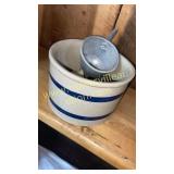 Blue band stoneware crock with kitchen items