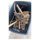 Tote of antique tools hatchets drills and others