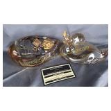 Carnival, glass duck powder jar with stuck pins