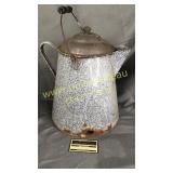 Large gray enamel ware kettle rusted