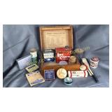 Cool old medicine box with vintage tins, boxes