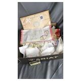 Box of vintage embroidery, crochet, hankies and
