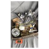Box with flatware, collectibles, brass and glass