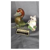 Art glass duck and vintage white mouse