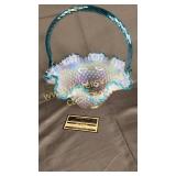 Fenton opalescent hobnail teal crest basket