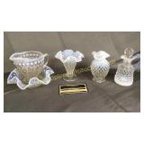 Group of Fenton opalescent hobnail- small vases,