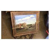 Farm painting on board w/barn wood frame