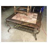 heavy iron base cocktail table w/leather & slate