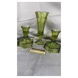 Green coin glass vase and pair of candle holders