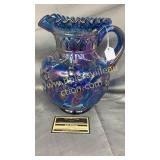 Fenton carnival blue pitcher with crimped edge