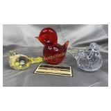 3 art glass birds-ruby, yellow and clear