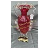 Cranberry and clear art glass vase