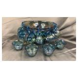 Blue carnival grape pattern punch bowl and 12