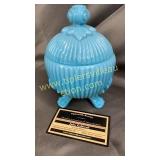 Heavy blue milk glass covered candy dish