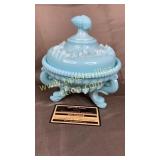 Blue milk glass covered candy dish seashell and