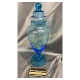 Blue art glass candy jar with lid