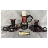 Hand blown Jamestown VA amethyst candle holders