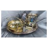 Silver plate pitcher, teapot, candles, etc on