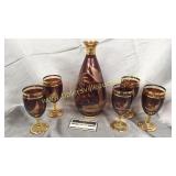 Amber etched game bird decanter with 5 cordials