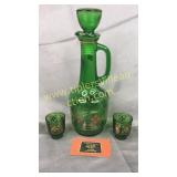 Green Italian decanter and 2 shot cups